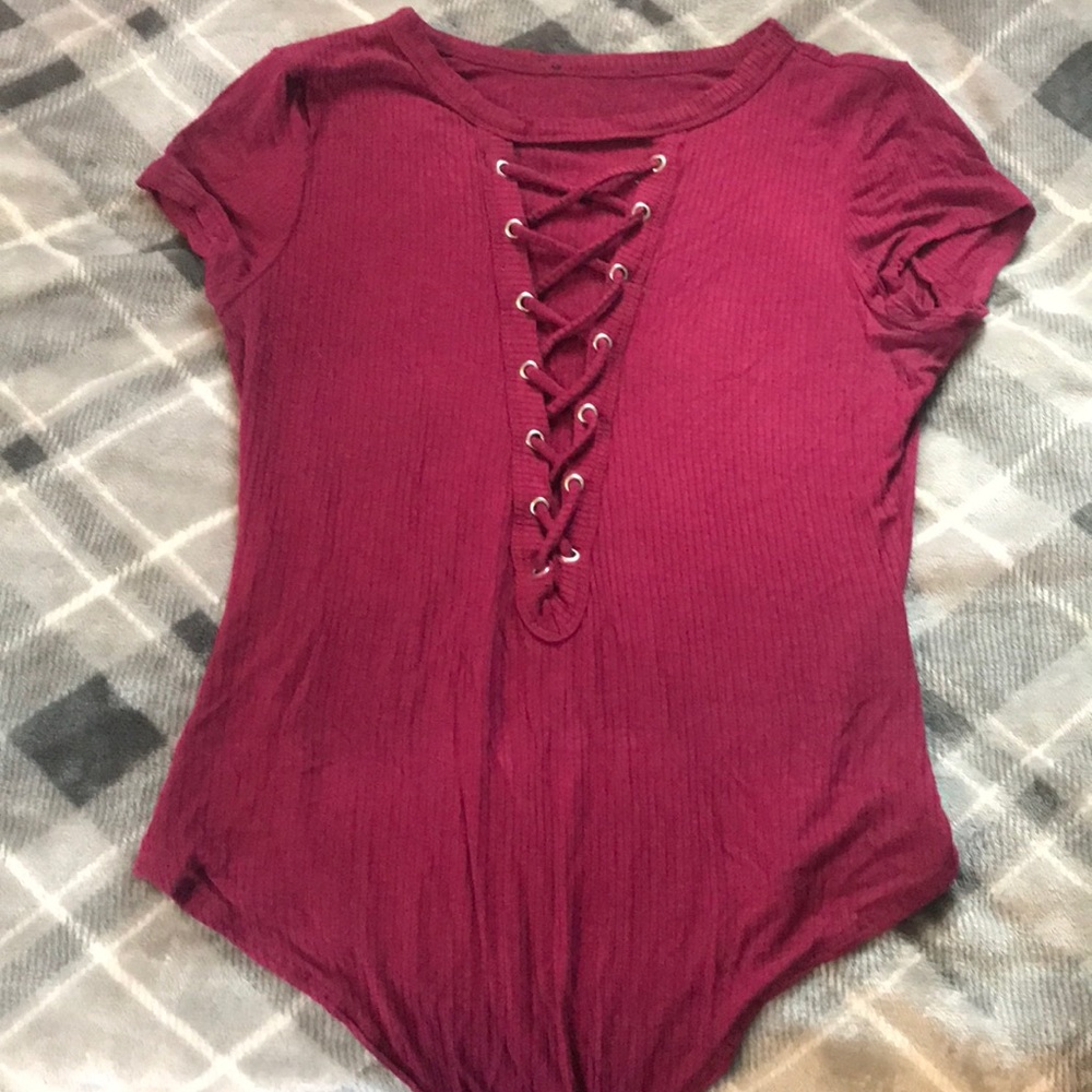 Burgundy lace tied bodysuit